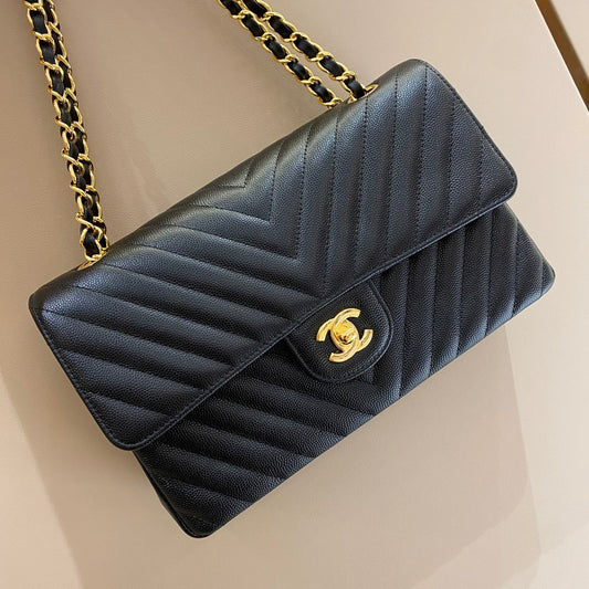 CH  CLASSIC 11.12 HANDBAG 25.5 Small Grained Calfskin  V Pattern Black