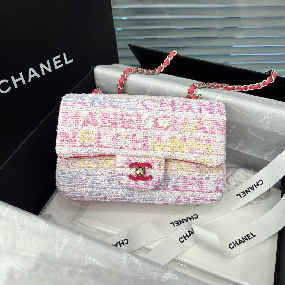 CH  MINI CLASSIC HANDBAG 20 Cotton & Wool Tweed Red, Pink & Yellow, White