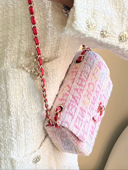 CH  MINI CLASSIC HANDBAG 20 Cotton & Wool Tweed Red, Pink & Yellow, White