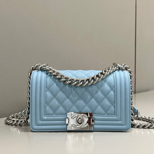 CH SMALL BOY HANDBAG 20 Small Grained Calfskin Light Blue
