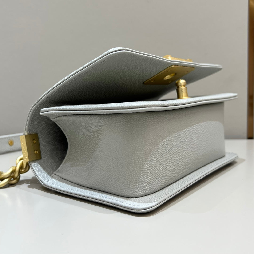 CH SMALL BOY HANDBAG 20 Small Grained Calfskin Elephant Gray