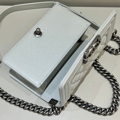 CH SMALL BOY HANDBAG 20 Small Grained Calfskin Elephant Gray