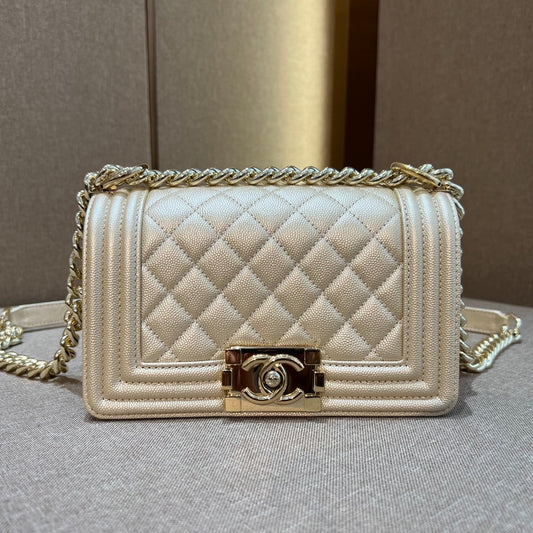 CH SMALL BOY HANDBAG 20 Small Grained Calfskin Champagne Gold