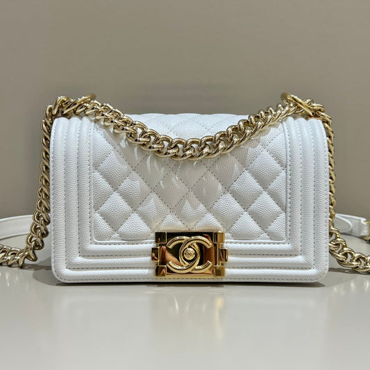 CH SMALL BOY HANDBAG 20 Small Grained Calfskin White
