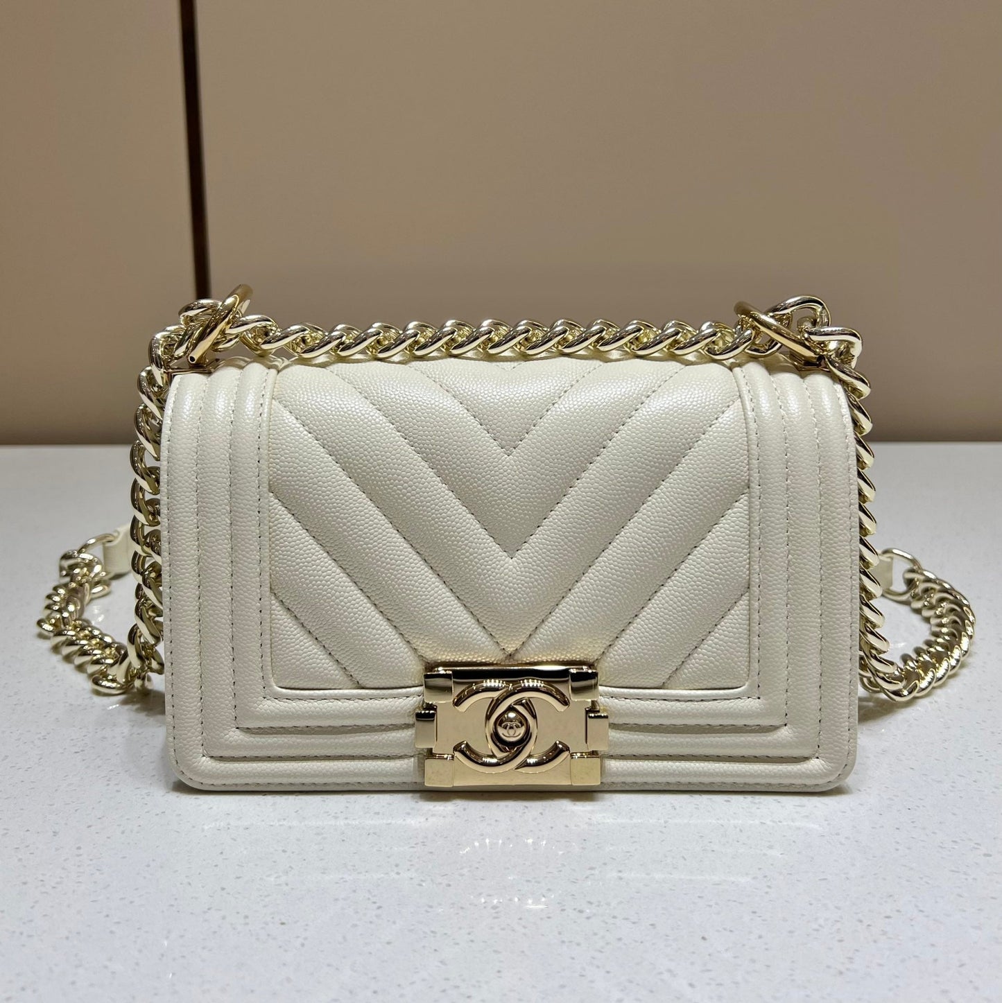 CH SMALL BOY HANDBAG 20 Small Grained Calfskin V Pattern Ivory White