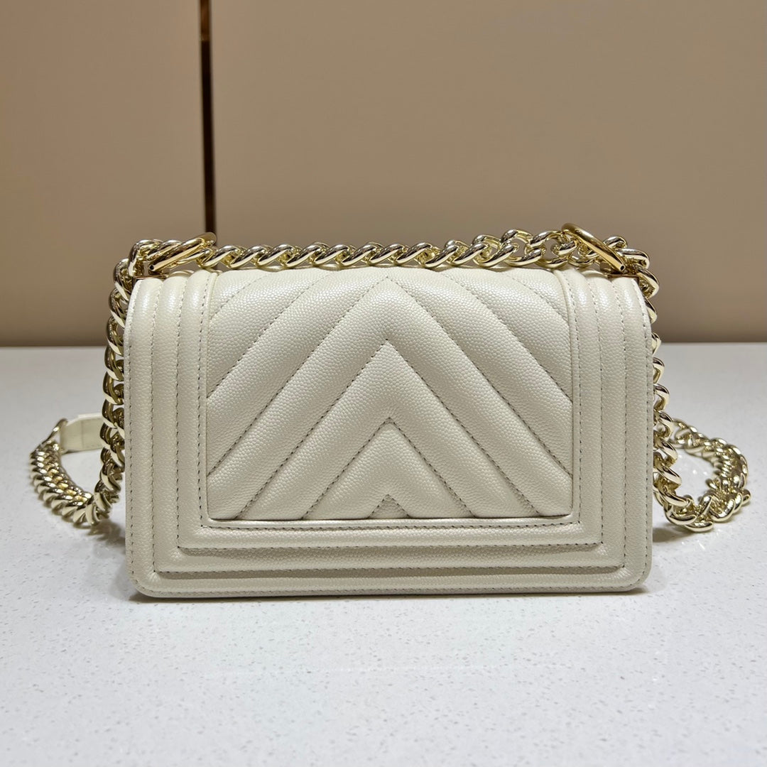 CH SMALL BOY HANDBAG 20 Small Grained Calfskin V Pattern Ivory White