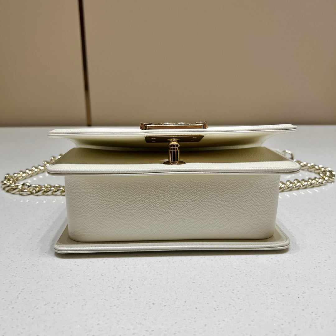 CH SMALL BOY HANDBAG 20 Small Grained Calfskin V Pattern Ivory White