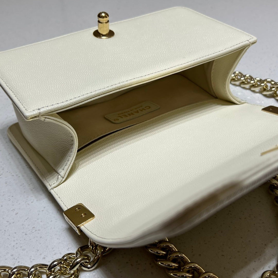 CH SMALL BOY HANDBAG 20 Small Grained Calfskin V Pattern Ivory White