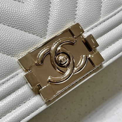 CH SMALL BOY HANDBAG 20 Small Grained Calfskin V Pattern Ivory White