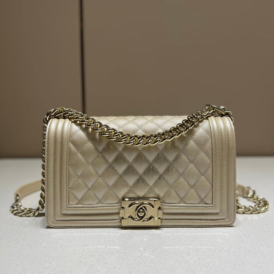 CH BOY HANDBAG 25 Small Grained Calfskin Champagne Gold