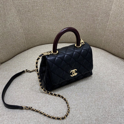 CH  MINI FLAP BAG WITH TOP HANDLE 19  Grained Calfskin Lizard Handle Black