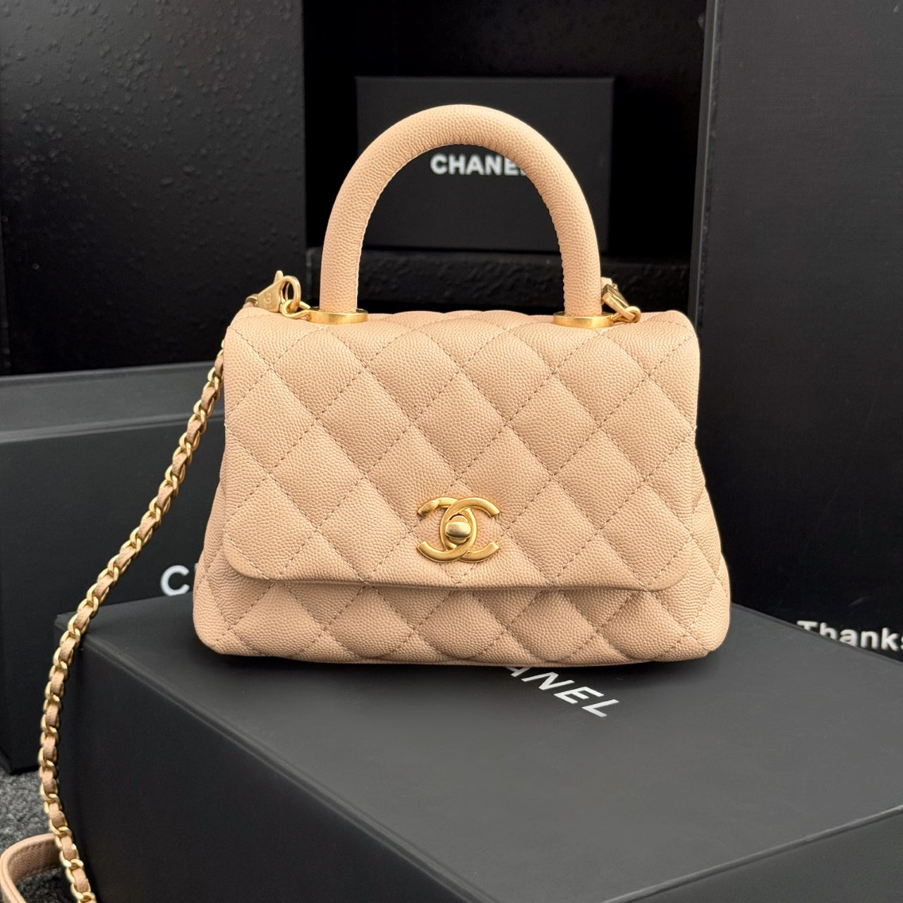 CH  MINI FLAP BAG WITH TOP HANDLE 19  Grained Calfskin Light Teas