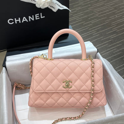 CH  FLAP BAG WITH TOP HANDLE 24  Small Grained Calfskin Pink