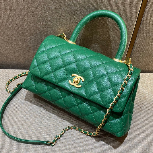 CH  FLAP BAG WITH TOP HANDLE 24  Small Grained Calfskin Green