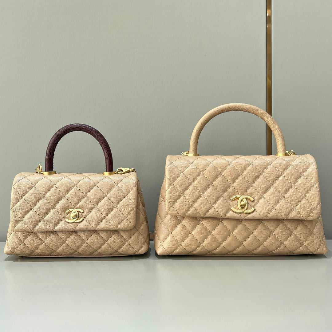CH  FLAP BAG WITH TOP HANDLE 24  Small Grained Calfskin Lizard Handle Light Teas