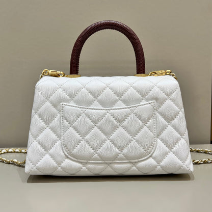 CH FLAP BAG WITH TOP HANDLE 24  Small Grained Calfskin Lizard Handle White