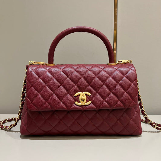 CH LARGE FLAP BAG WITH TOP HANDLE 29  Small Grained Calfskin Red Wine Color