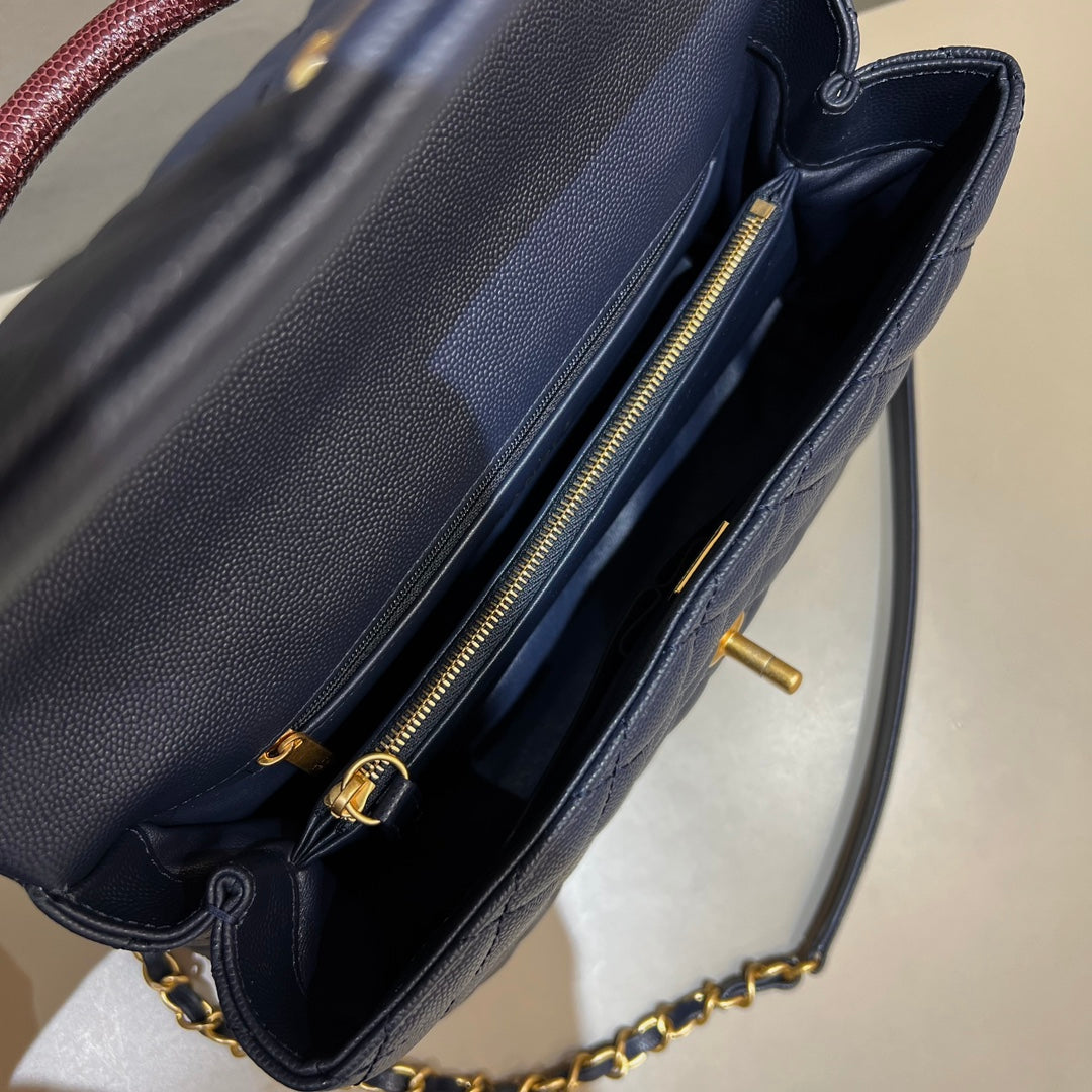 CH LARGE FLAP BAG WITH TOP HANDLE 29  Small Grained Calfskin Lizard Handle Navy Blue