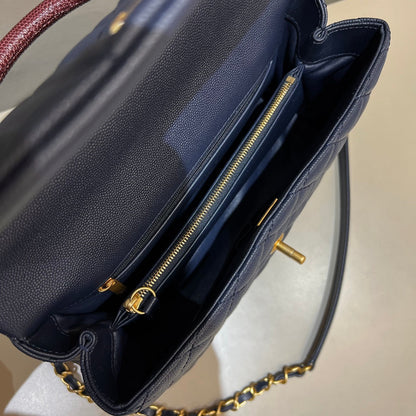 CH LARGE FLAP BAG WITH TOP HANDLE 29  Small Grained Calfskin Lizard Handle Navy Blue