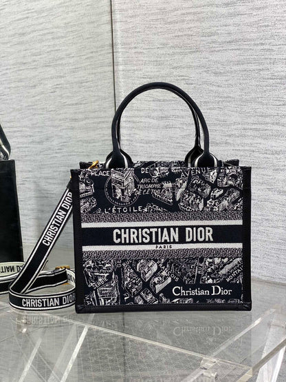 DO Medium Book Tote Black and White Plan de Paris Embroidery with Black Calfskin