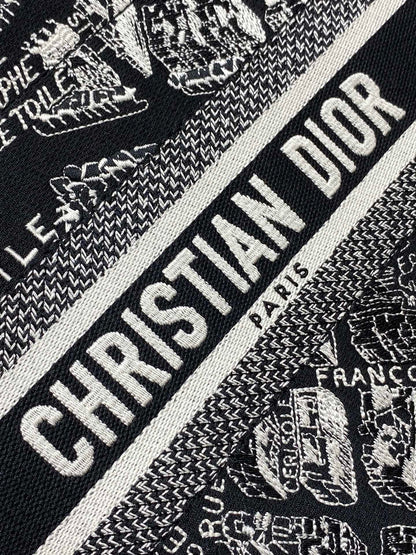 DO Medium Book Tote Black and White Plan de Paris Embroidery with Black Calfskin