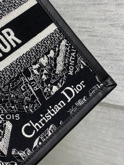 DO Medium Book Tote Black and White Plan de Paris Embroidery with Black Calfskin