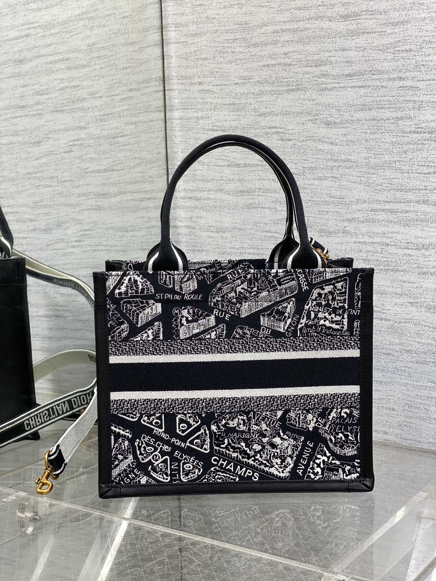 DO Medium Book Tote Black and White Plan de Paris Embroidery with Black Calfskin