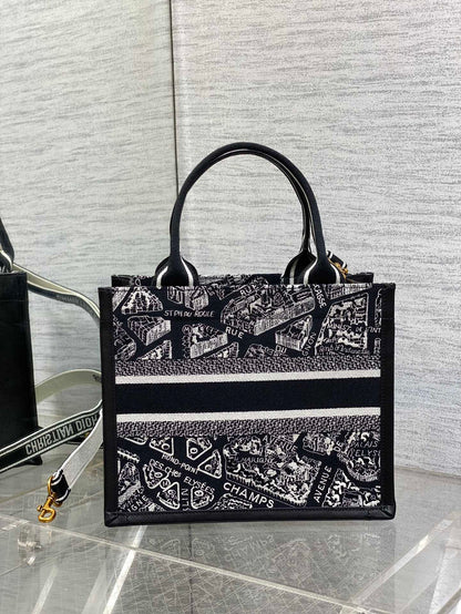 DO Medium Book Tote Black and White Plan de Paris Embroidery with Black Calfskin