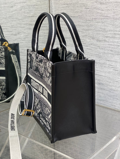 DO Medium Book Tote Black and White Plan de Paris Embroidery with Black Calfskin