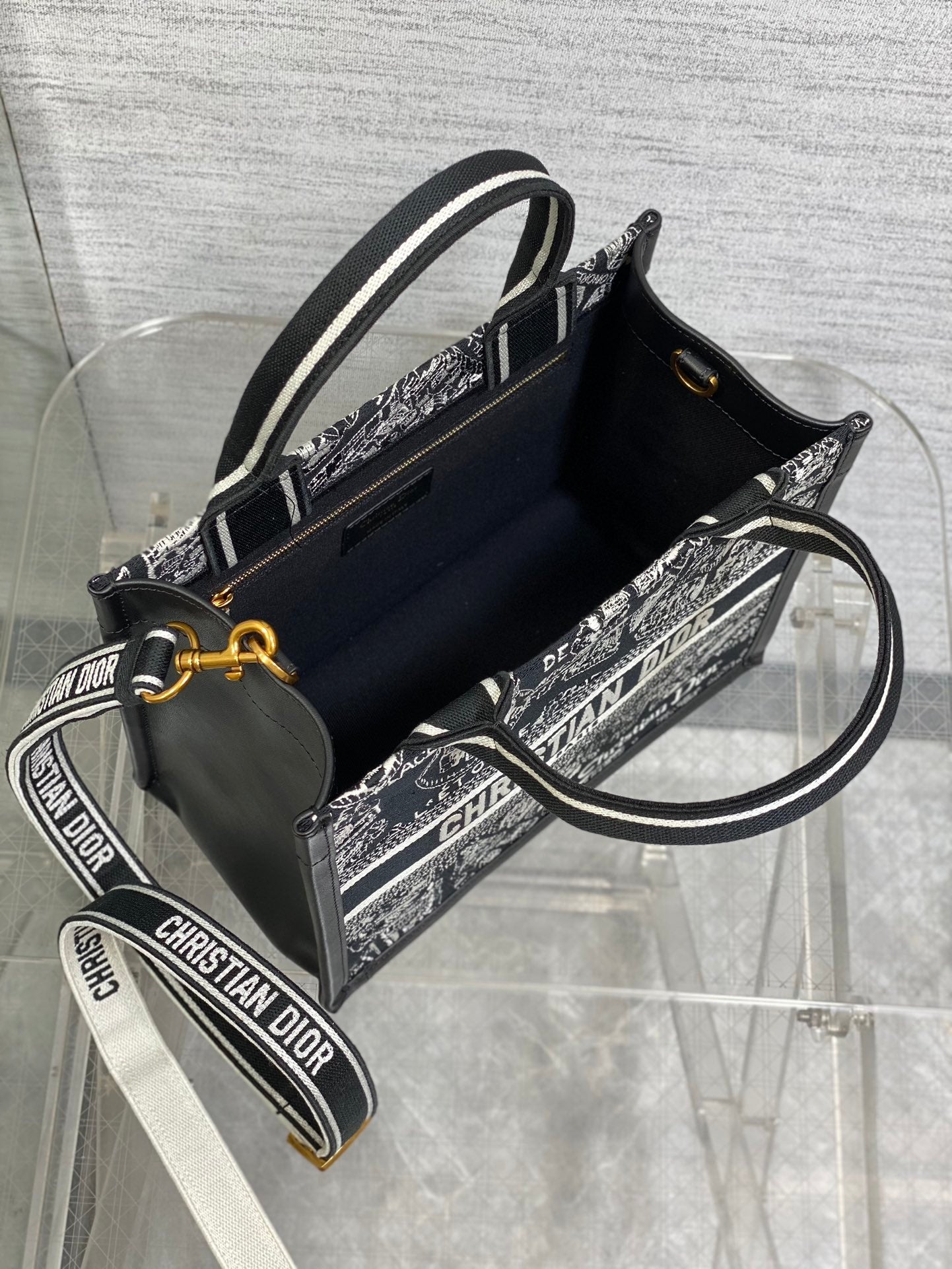 DO Medium Book Tote Black and White Plan de Paris Embroidery with Black Calfskin