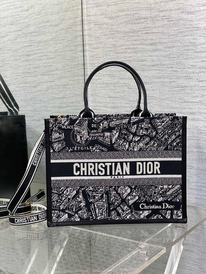 DO Medium Book Tote Black and White Plan de Paris Embroidery with Black Calfskin