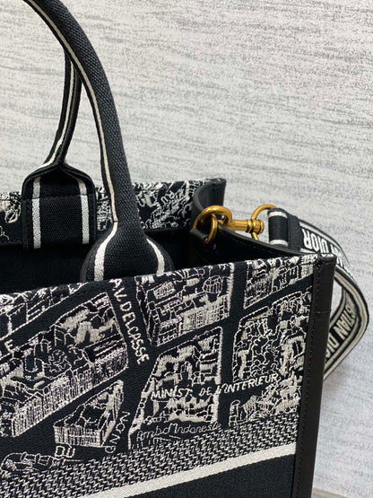 DO Medium Book Tote Black and White Plan de Paris Embroidery with Black Calfskin