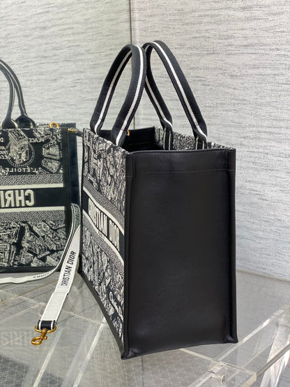 DO Medium Book Tote Black and White Plan de Paris Embroidery with Black Calfskin