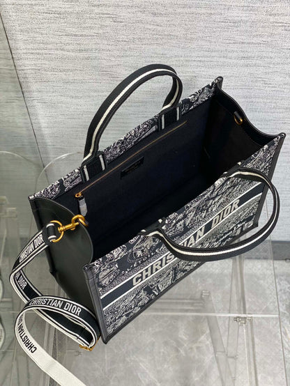 DO Medium Book Tote Black and White Plan de Paris Embroidery with Black Calfskin