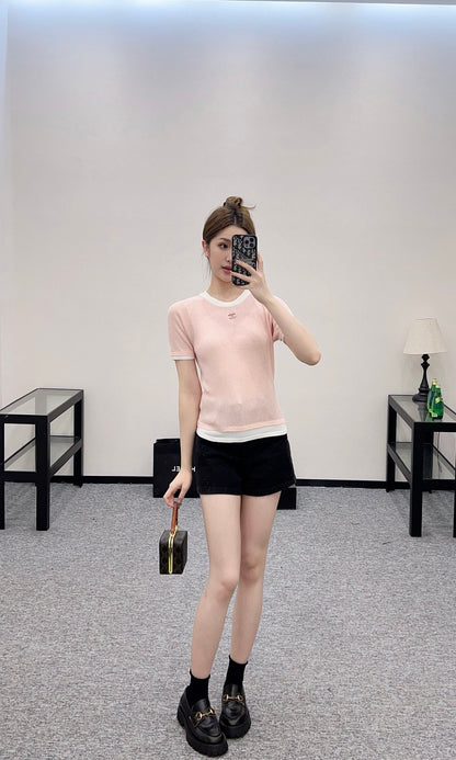 C*♥2025 new products are on sale Contrast color knitted short sleeves