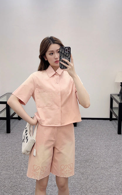 L*♥2025 new products are on sale Denim gradient shirt and shorts set