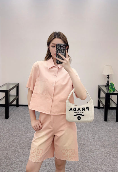 L*♥2025 new products are on sale Denim gradient shirt and shorts set