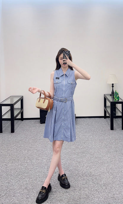 Mi*mi*♥2025 new products are on sale Sleeveless plaid belt dress