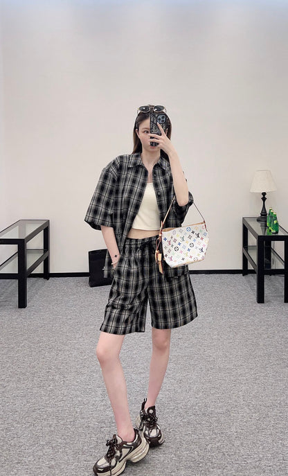 L*♥2025 new products on sale Plaid short-sleeved shirt and shorts set