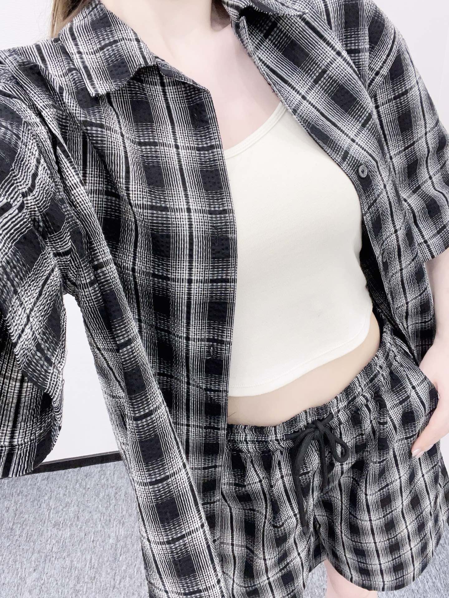 L*♥2025 new products on sale Plaid short-sleeved shirt and shorts set