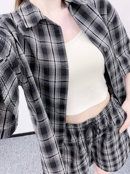 L*♥2025 new products on sale Plaid short-sleeved shirt and shorts set