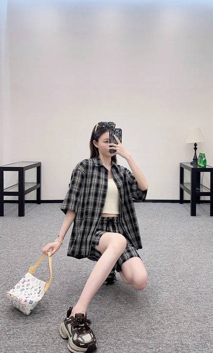 L*♥2025 new products on sale Plaid short-sleeved shirt and shorts set