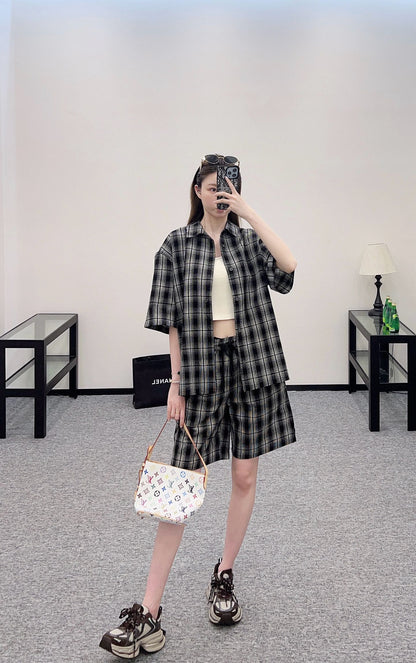 L*♥2025 new products on sale Plaid short-sleeved shirt and shorts set