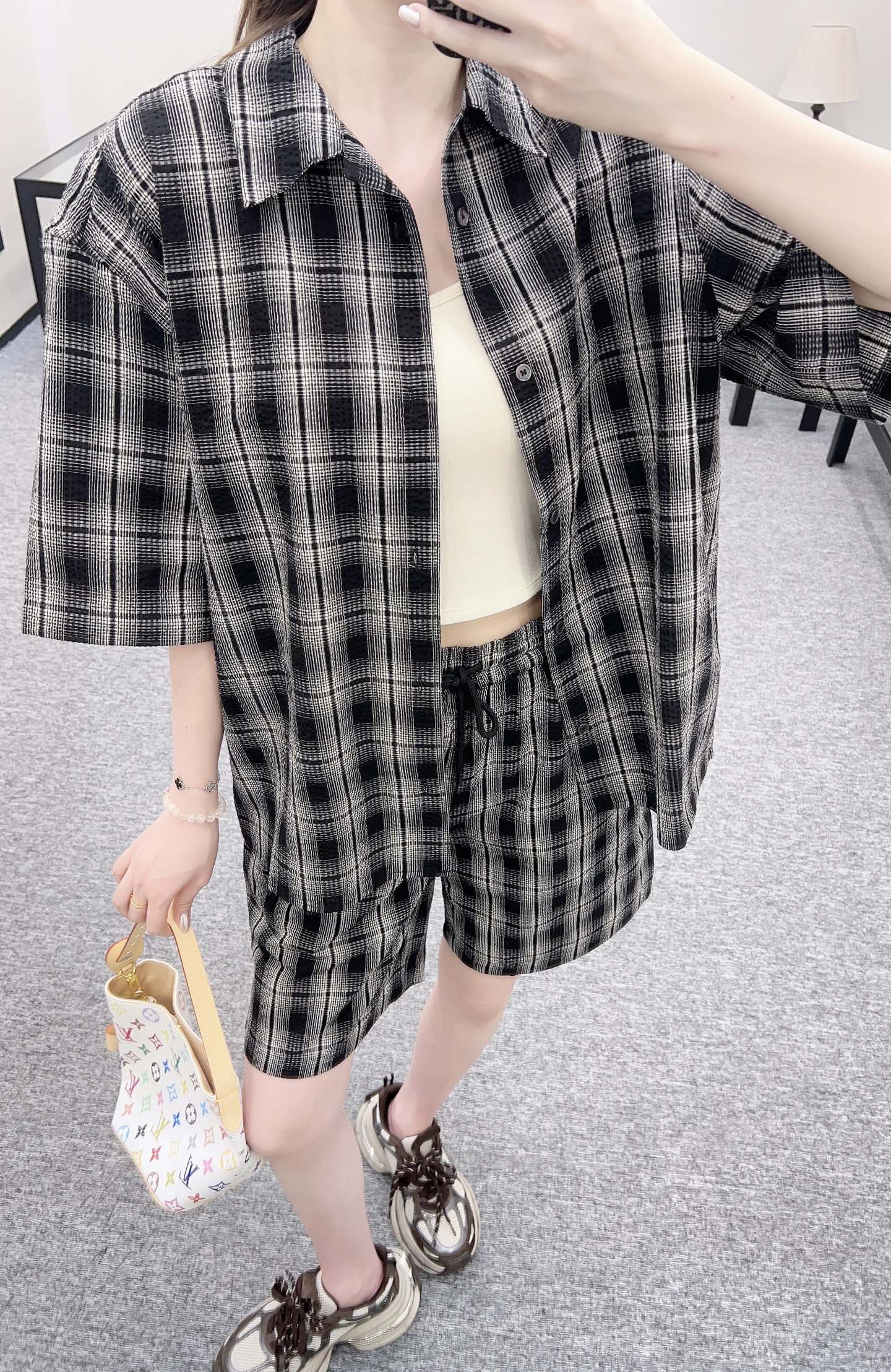 L*♥2025 new products on sale Plaid short-sleeved shirt and shorts set