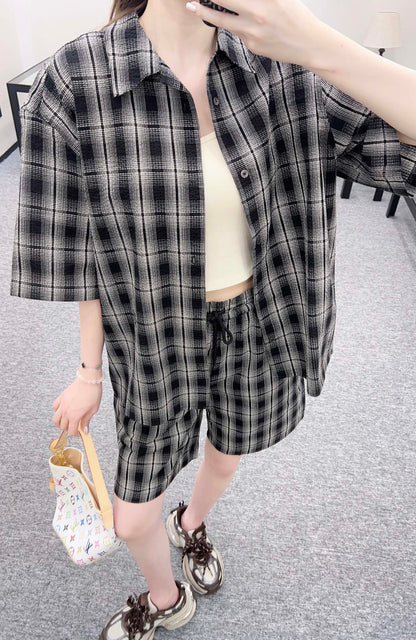 L*♥2025 new products on sale Plaid short-sleeved shirt and shorts set