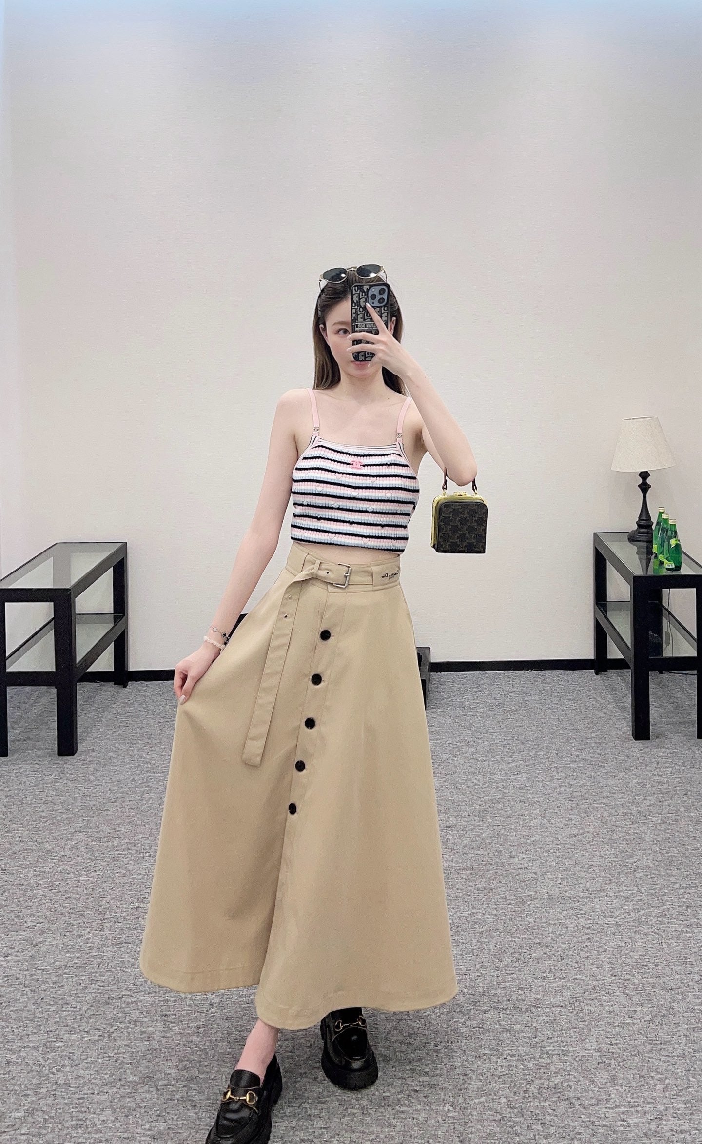 D*♥2025 new products Perforated belt button high waist umbrella skirt