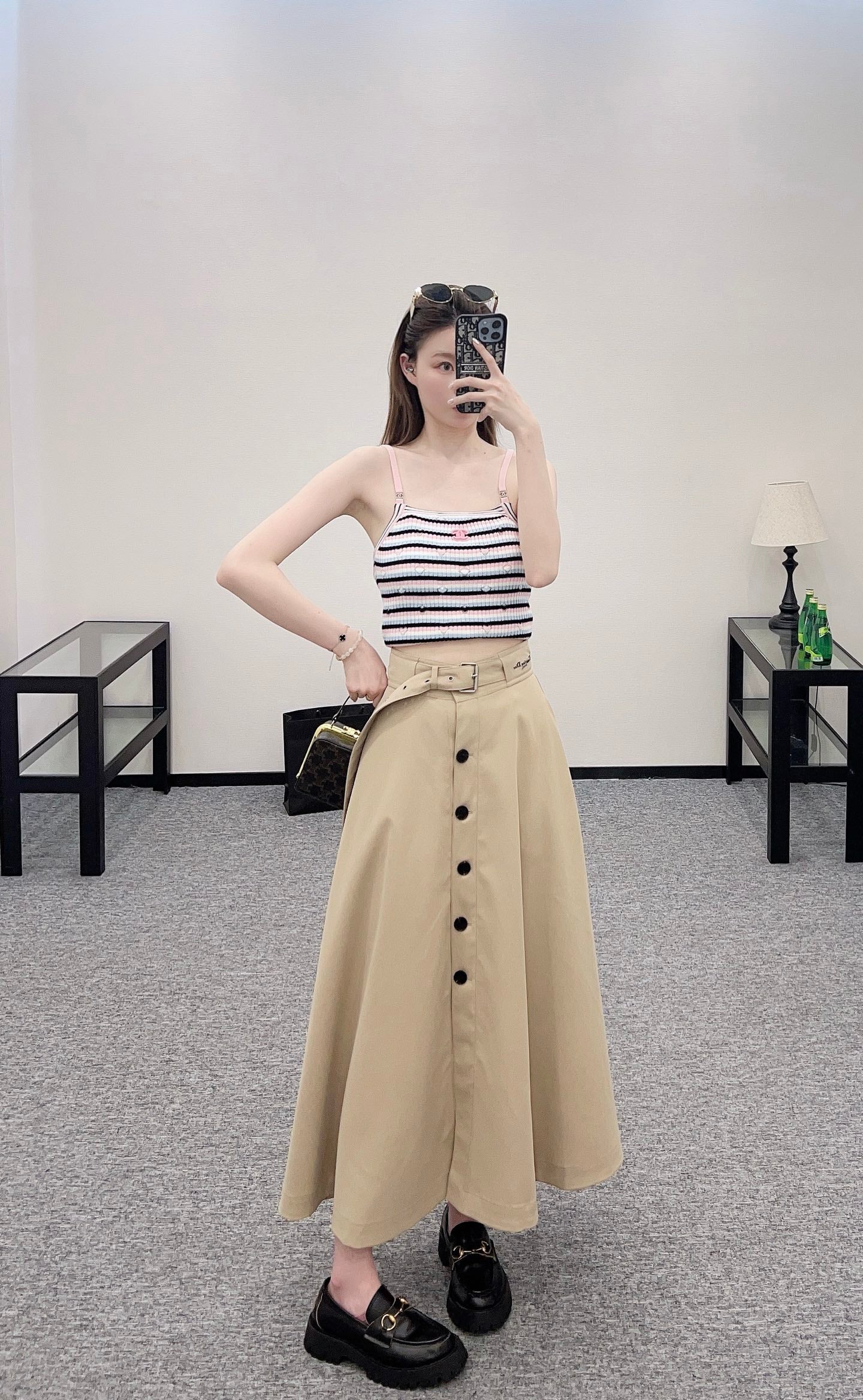 D*♥2025 new products Perforated belt button high waist umbrella skirt