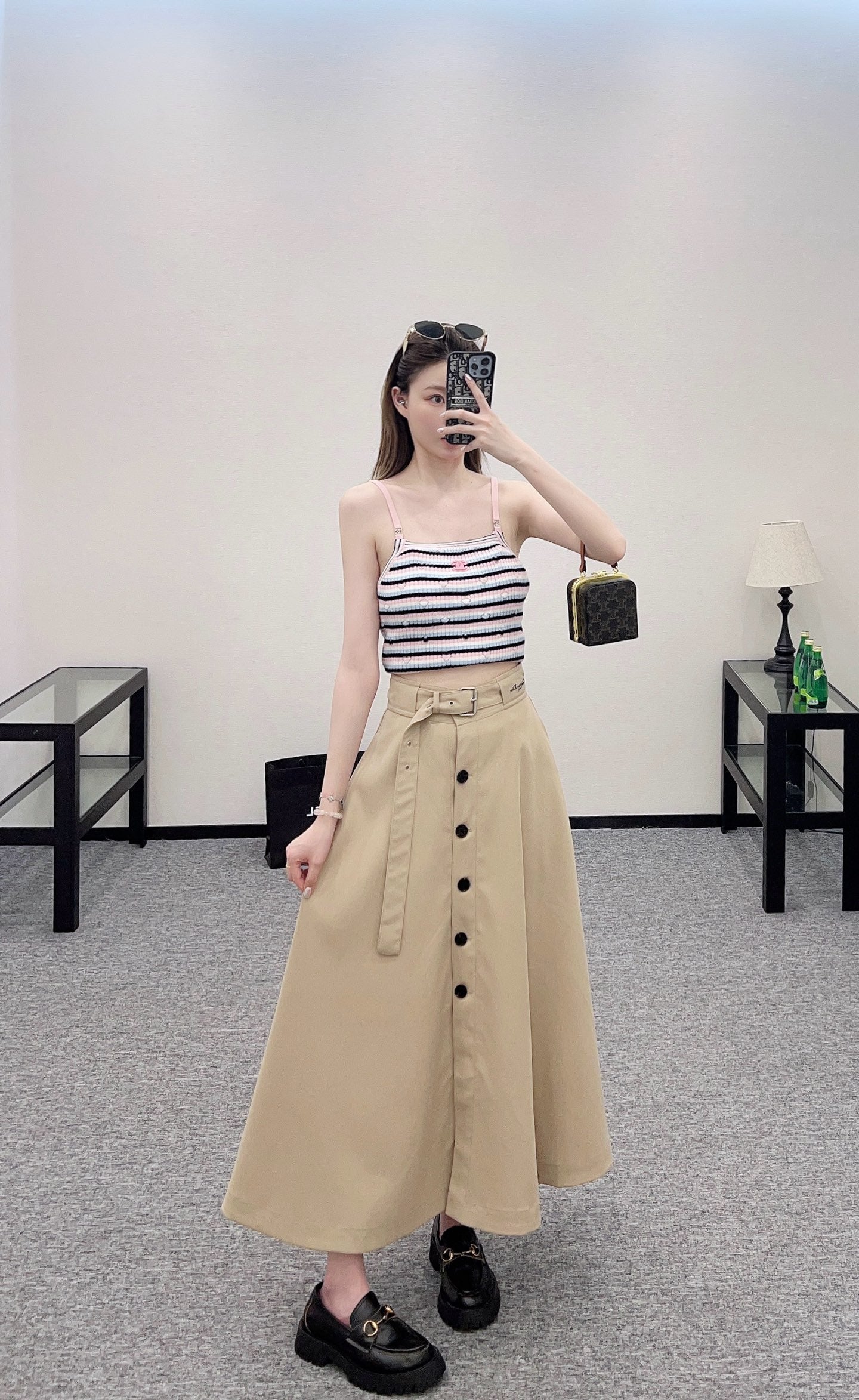 D*♥2025 new products Perforated belt button high waist umbrella skirt