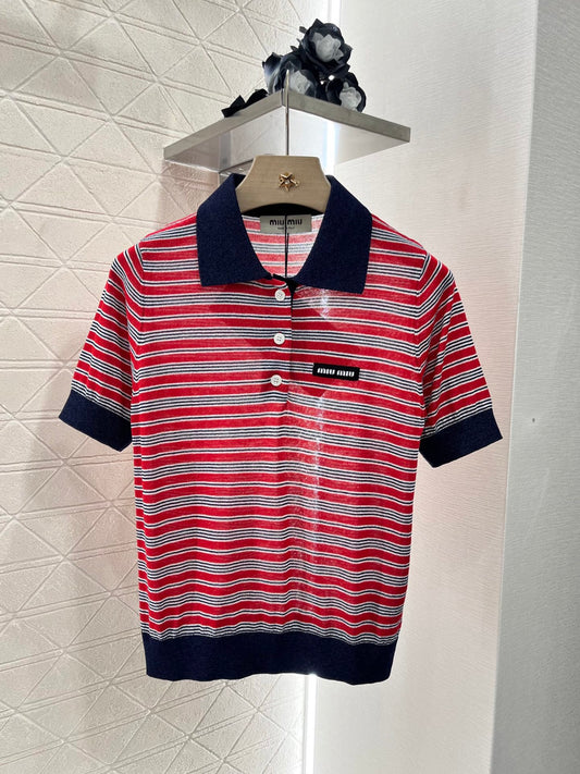 Mi*mi*♥2025 new products are on sale Lapel striped knitted short sleeves