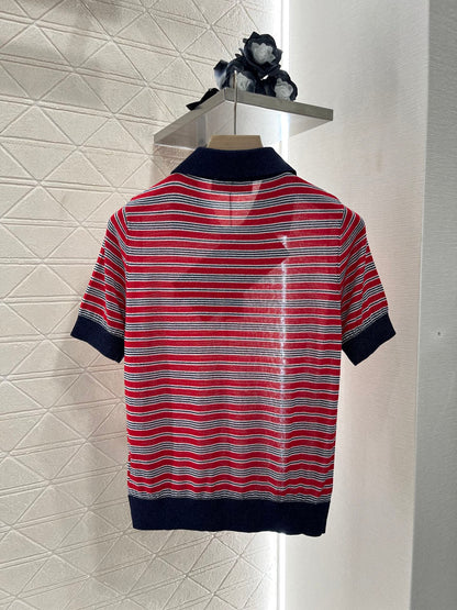 Mi*mi*♥2025 new products are on sale Lapel striped knitted short sleeves